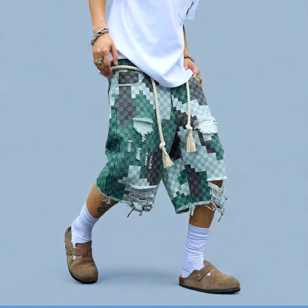 NFINITY Camouflage Checkered Jean Shorts - Black and Green